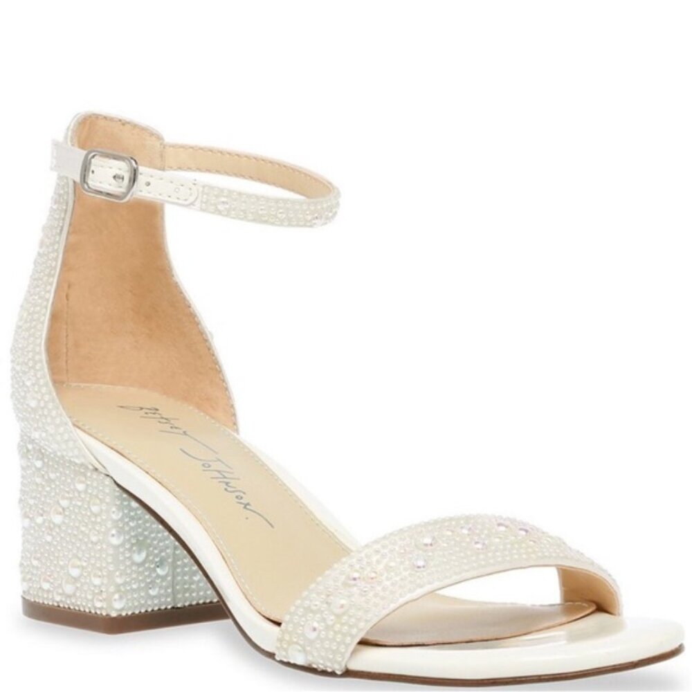 Betsey Johnson Mari Pearl Sandal Women 7.5 Rhinestone Block Heel Wedding Evening